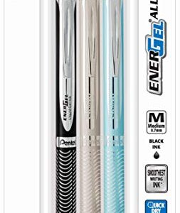 Pentel Energel Alloy Rt Retractable Liquid Black Ink Gel Pens, 3 Pack, 0.7mm Medium Metal Tip, Black, Silver, & Aquamarine Color Barrel, Professional Pentel Pens For Business Executive Women & Men.