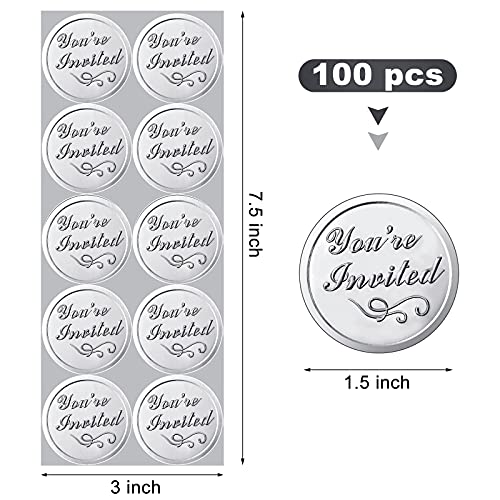 100 Pieces You're Invited Round Embossed Foil Seals Embossed Aluminum Foil Sticker Wax Seals for Wedding Envelopes Present Decoration (Silver)