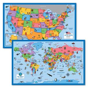 2 pack – world & usa map for kids [illustrated] – 2 poster set (laminated, 18″ x 29″)