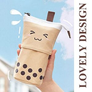 Boba Cute Standing Pencil Case for Kids, Pop Up Pencil Box Makeup Pouch, Stand UP Christmas Gift kids Pen Holder Organizer Cosmetics Bag, Kawaii Stationary (Brown)