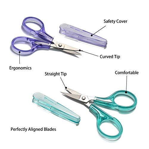 PAFASON Sharpest & Precise Stainless Steel Curved Straight Thread Yarn Fabric Cutting Mini Scissors with Protective Cover - Ideal for Embroidery Quilting Sewing Knitting Crafting Cross Stitch Crochet