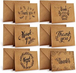 thank you cards of ohuhu, 36 pack brown kraft paper 6 design of assorted thank u greeting note card with envelopes and stickers for wedding, business, birthday, baby shower, blank inside, 4 x 6 inch