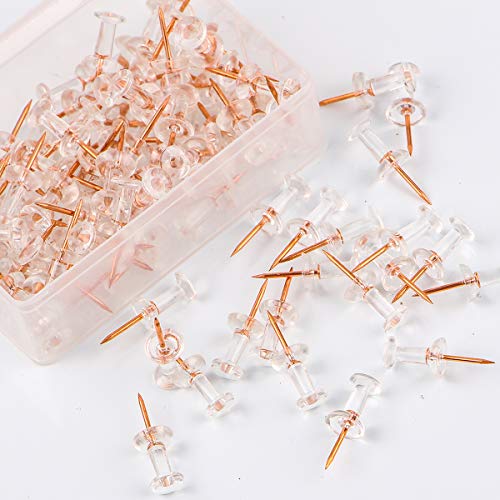 Yalis Push Pins Rose Gold Thumb Tacks 100-Count Standard Pins Gold Steel Point and Transparent Plastic Head