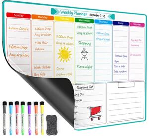 ‎maxgear weekly dry erase board for fridge, magnetic calendar whiteboard planner for refrigerator with stain resistant technology, include 7 fine point markers and 1 eraser, 17″x12″