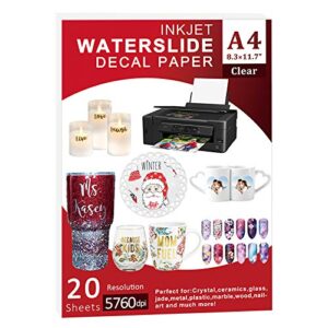 waterslide paper-20 sheet inkjet water slide paper,a4 size clear waterslide paper for diy decals gift crafts ceramics candles and custom tumblers, waterslide decal paper (the packaging may be blue)