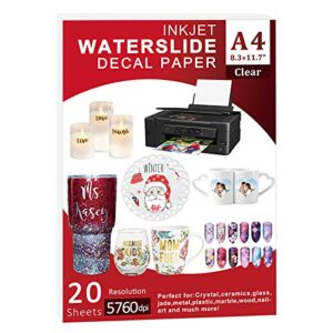 Waterslide Paper-20 sheet Inkjet Water Slide Paper,A4 Size clear waterslide paper for DIY Decals Gift Crafts Ceramics Candles and Custom Tumblers, waterslide decal paper (The packaging may be blue)