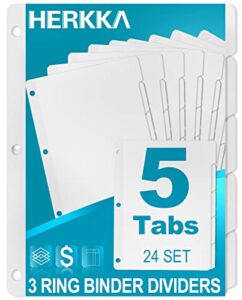 5-tab binder dividers, herkka 3 ring binder dividers with reinforced edge, 3 hole punch section index dividers for binders, 1/5-cut tabs, letter size, white, 120 dividers