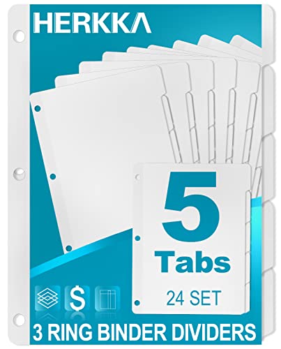 5-Tab Binder Dividers, HERKKA 3 Ring Binder Dividers with Reinforced Edge, 3 Hole Punch Section Index Dividers for Binders, 1/5-Cut Tabs, Letter Size, White, 120 Dividers