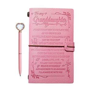 to my granddaughter’s gift – pink leather journal+heart diamond pen set ,engraved notebook writing journal,refillable notepads,travel diary graduation back to school,christmas,birthday gifts for girls(7.9″x4.7″) (to granddaughter journal)