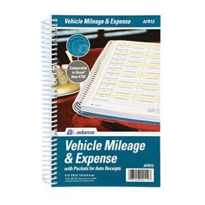 adams abfafr12 vehicle mileage and expense journal, 5-1/4″ x 8-1/2″, fits the glove box, spiral bound, 588 mileage entries, 6 receipt pockets,white
