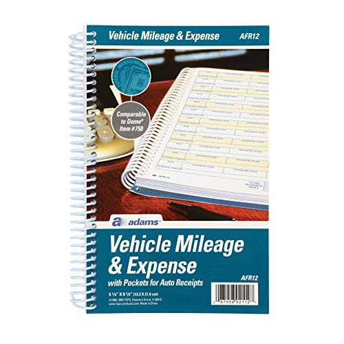 Adams ABFAFR12 Vehicle Mileage and Expense Journal, 5-1/4" x 8-1/2", Fits the Glove Box, Spiral Bound, 588 Mileage Entries, 6 Receipt Pockets,White