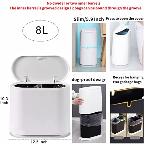 Cq acrylic 8L Slim Plastic Trash Can 2.1 Gallon Small Narrow Garbage Can with Press Top Lid,Dog Proof Wastebasket Trash Can for Bathroom,Living Room,Bedroom,Kitchen,Office,White