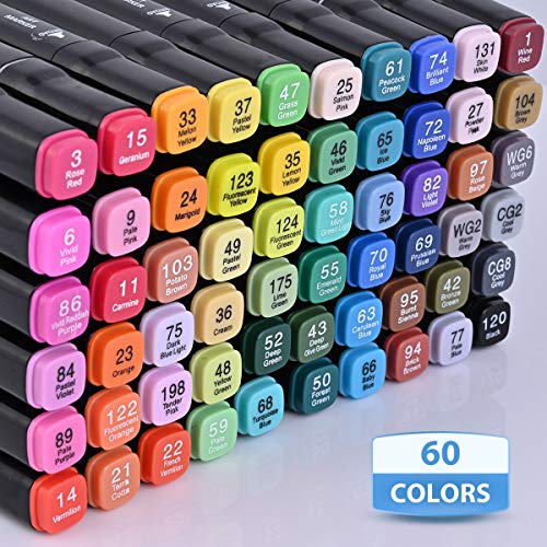 60 Color Alcohol Marker Pens， Bright Permanent ，for Coloring Art Markers for Kids, Adults Coloring Book, ， Wide Chisel and Thin Head Double-Head Design Equipped with, Black Suitcase