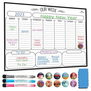 magnetic weekly dry erase board calendar whiteboard – magnetic weekly planner for refrigerator – stain resistant nano technology – 3 fine tip markers and eraser, 10 highlight icons 16inchx12inch