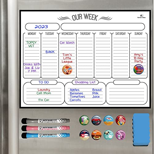 Magnetic Weekly Dry Erase Board Calendar Whiteboard - Magnetic Weekly Planner for Refrigerator - Stain Resistant Nano Technology - 3 Fine Tip Markers and Eraser, 10 Highlight Icons 16inchX12inch