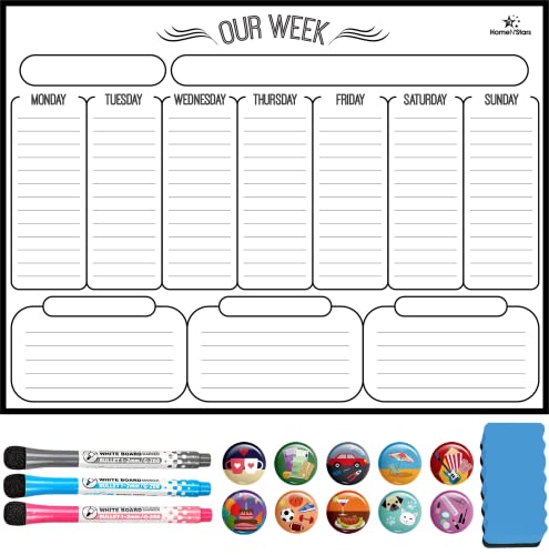 Magnetic Weekly Dry Erase Board Calendar Whiteboard - Magnetic Weekly Planner for Refrigerator - Stain Resistant Nano Technology - 3 Fine Tip Markers and Eraser, 10 Highlight Icons 16inchX12inch