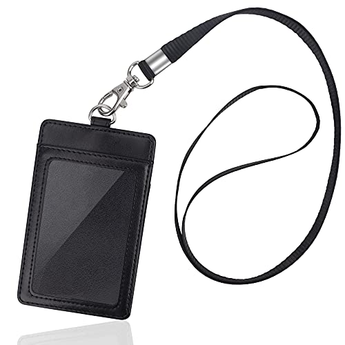 Arae Card Holder Vertical PU Leather Badge Holder with 1 Clear ID Card Window 1 Card Slot and 1 Neck Lanyard for Office/School ID Credit Card Driver License - Black