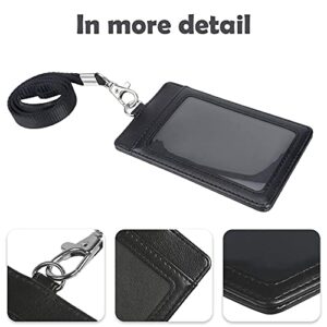 Arae Card Holder Vertical PU Leather Badge Holder with 1 Clear ID Card Window 1 Card Slot and 1 Neck Lanyard for Office/School ID Credit Card Driver License - Black