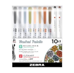 zebra pen neutral palette set, includes 8 mildliner highlighters and 2 clickart markers, assorted neutral vintage ink colors, 10-pack (78601)