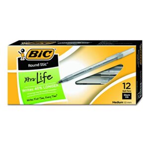 bic round stic xtra life ballpoint pen, medium point (1.0mm), black, 12-count