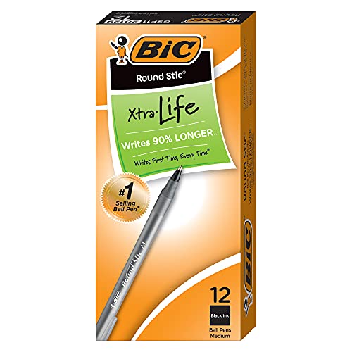 BIC Round Stic Xtra Life Ballpoint Pen, Medium Point (1.0mm), Black, 12-Count