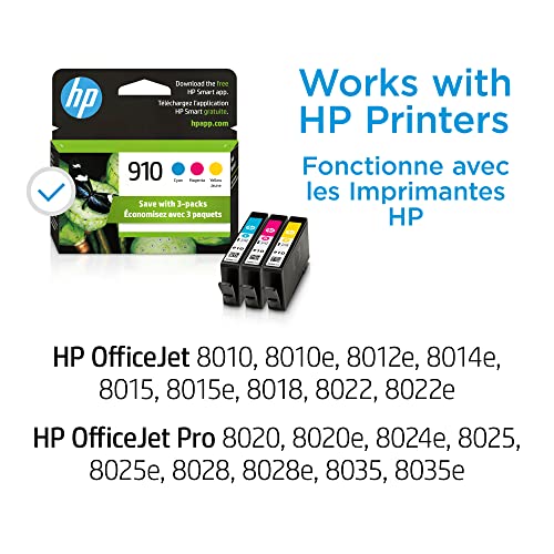 HP 910 Cyan, Magenta, Yellow Ink Cartridges (3-pack) | Works with HP OfficeJet 8010, 8020 Series, HP OfficeJet Pro 8020, 8030 Series | Eligible for Instant Ink | 3YN97AN