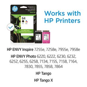 HP 64 Black/Tri-color Ink Cartridges (2-pack) | Works with HP ENVY Inspire 7950e; ENVY Photo 6200, 7100, 7800; Tango Series | Eligible for Instant Ink | X4D92AN