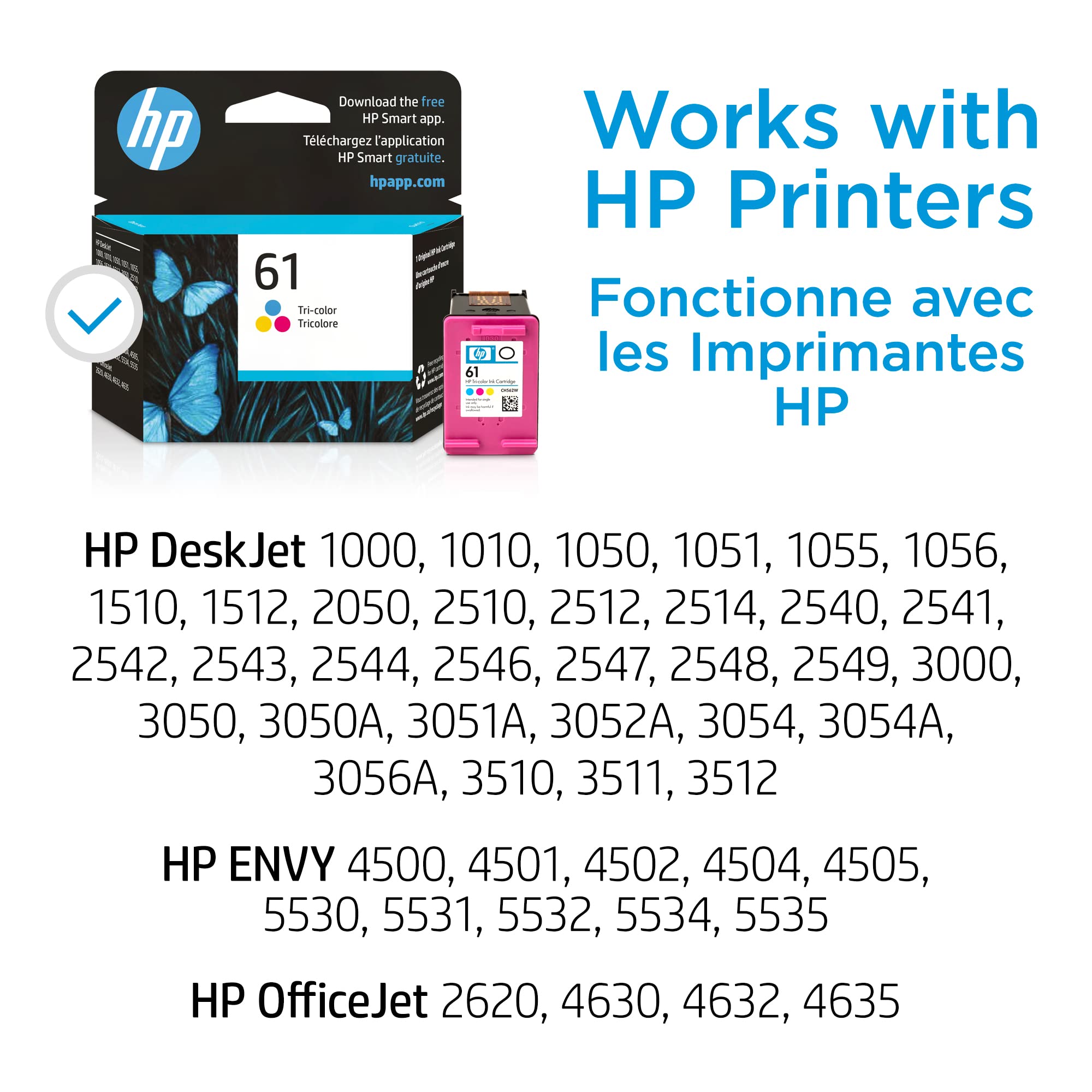 HP 61 Tri-color Ink | Works with DeskJet 1000, 1010, 1050, 1510, 2050, 2510, 2540, 3000, 3050, 3510; ENVY 4500, 5530; OfficeJet 2620, 4630 Series | Eligible for Instant Ink | CH562WN