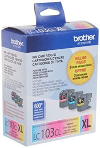 brother genuine high yield color ink cartridge, 3 pack of lc103 , replacement color ink three pack, includes 1 cartridge each of cyan, magenta & yellow, page yield upto 600 pages/cartridge, lc103