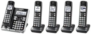 panasonic link2cell bluetooth cordless phone system with voice assistant, call block and answering machine, expandable home phone with 5 handsets â€“ kx-tgf575s (black with silver trim)