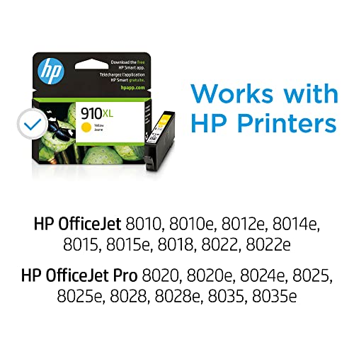HP 910XL Yellow High-yield Ink Cartridge | Works with HP OfficeJet 8010, 8020 Series, HP OfficeJet Pro 8020, 8030 Series | Eligible for Instant Ink | 3YL64AN
