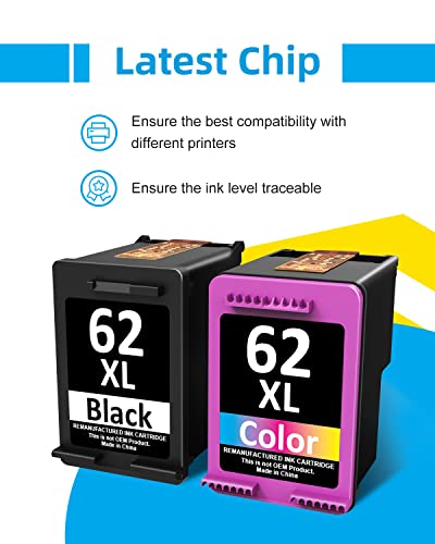 62XL Ink Cartridges Black and Color Replacement for HP 62XL Ink Cartridges Combo Pack, Remanufactured for HP Ink 62 Works with HP Envy 7645 7640 5660 5540 5642 and HP OfficeJet 200 250 5740 (2 Packs)