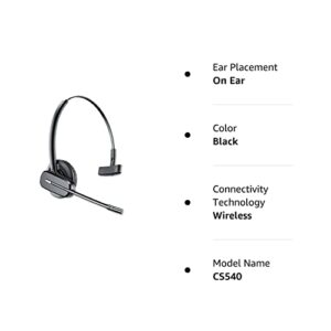 Plantronics - CS540 Wireless DECT Headset (Poly) - Single Ear (Mono) Convertible (3 Wearing Styles) - Connects to Desk Phone - Noise Canceling Microphone