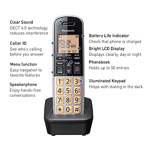 Panasonic Compact Cordless Phone with DECT 6.0, 1.6" Amber LCD and Illuminated HS Keypad, Call Block, Caller ID, Multiple Display Languages - 1 Handset - KX-TGB810S (Black/Silver)