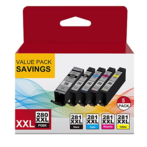 PGI-280XXL CLI-281XXL 5 Color Value Pack Replacement for Canon 280 281 Ink Cartridges to use with Canon TR8520 TR7520 TR8620 TS9120 TS6320 TS6220 TS6120 TS702 TS8120 TS8220 TS8320 Pinter (5 Pack)