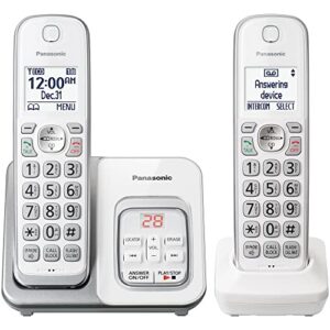 panasonic dect 6.0 expandable cordless phone with answering machine and smart call block – 2 cordless handsets – kx-tgd632w (white/silver)