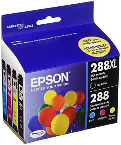 Epson T288XL-BCS Black High Capacity and Color Standard Capacity Ink Cartridges, C/M/Y/K 4-Pack