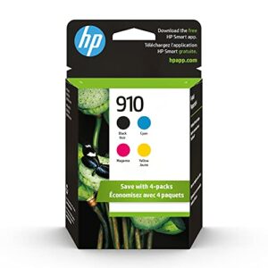 original hp 910 black, cyan, magenta, yellow ink cartridges (4 count -pack of 1) | works with hp officejet 8010, 8020 series, hp officejet pro 8020, 8030 series | eligible for instant ink | 3yq26an