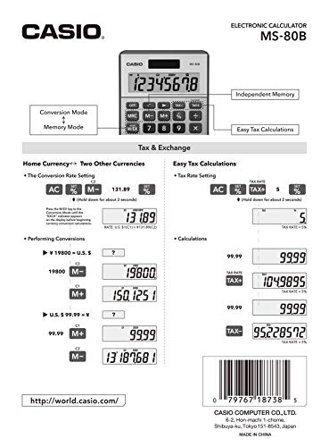 Casio MS-80B Standard Function Desktop Calculator,Black 147D×103W×28.8H mm