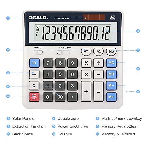 Calculator Extra Large Display Solar Big Buttons 12 Digits Desktop Calculator with Round-up, Memory Function (OS-200ML)