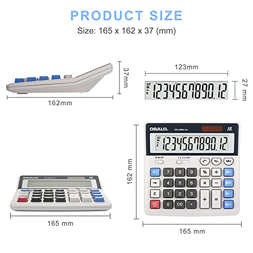 Calculator Extra Large Display Solar Big Buttons 12 Digits Desktop Calculator with Round-up, Memory Function (OS-200ML)