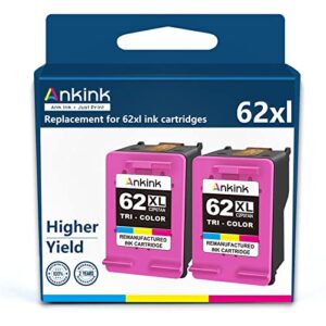 ankink higher yield remanufactured hp 62xl ink cartridge replacement for 62 hp62xl hp62 xl envy 5540 5640 5660 7640 7645 officejet 200 250 5740 8040 printer toner color (tricolor) combo 2 pack