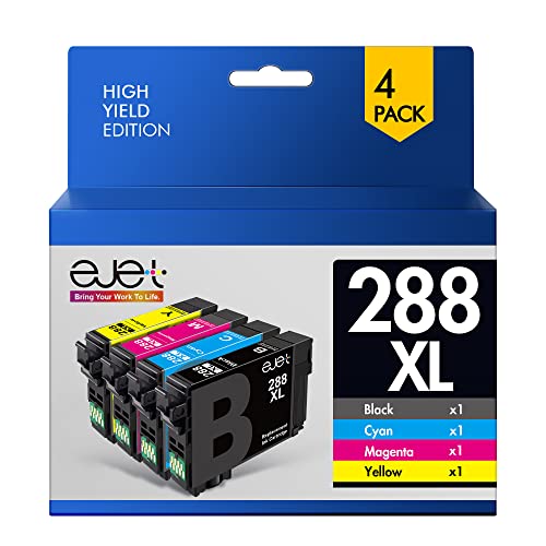 ejet T288 288XL Ink High Capacity Black & Color Cartridge Remanufactured Replacement for Epson 288 288XL Ink for Epson XP-440 XP-330 XP-340 XP-430 XP-434 XP-446(1 Black, 1 Cyan, 1 Magenta, 1 Yellow)