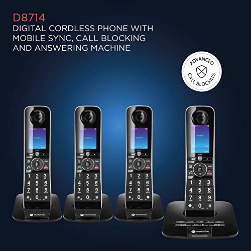 Motorola Voice D8714 Cordless Phone System w/4 Digital Handsets + Bluetooth to Cell, Answering Machine, Call Block - Black