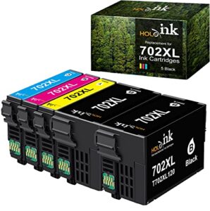 hoinklo remanufactured 702xl ink cartridge replacement for epson 702 t702xl t702 to use with workforce pro wf-3720 wf-3730 wf-3733 printer (2 black, 1 cyan, 1 magenta, 1 yellow, 5 pack)