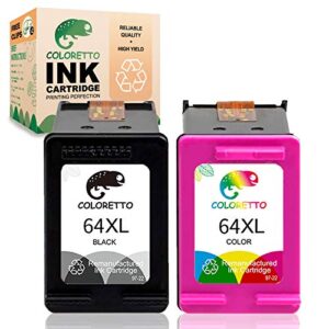 coloretto remanufactured printer ink cartridge replacement for hp 64xl 64 xl to use with envy photo 7855 7155 6255 7120 7858 6252 6222 6220 6230 tango x(1 black,1 color) combo pack