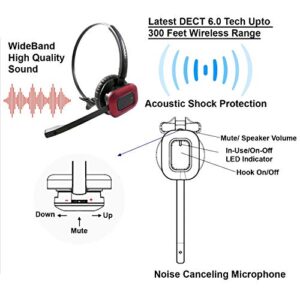 Wireless Headset for Desk Phone with Remote Hook ON and Off Handset Lifter, 300 Feet Mobility 8 Hours Talking (Explorer)