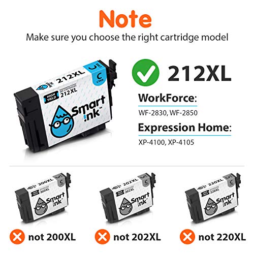 Smart Ink Remanufactured Ink Cartridge Replacement for Epson 212 Ink Cartridges 212XL T212 XL to use with Workforce WF-2830 WF-2850 XP-4100 XP-4105 (Black & Cyan/Magenta/Yellow 4 Combo Pack)
