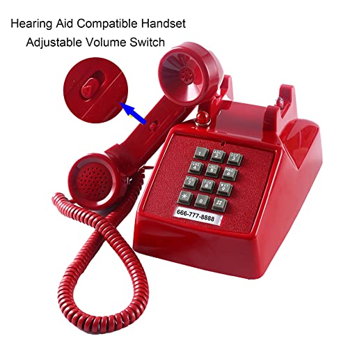 Retro Single Line Desk Telephone for Landline with Indicator, Classic 2500 Analog Desk Phone with Metal Base, Old Landline Phone in Large Button, Vintage Corded Desk Phone for Home, Office, Red