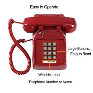 Retro Single Line Desk Telephone for Landline with Indicator, Classic 2500 Analog Desk Phone with Metal Base, Old Landline Phone in Large Button, Vintage Corded Desk Phone for Home, Office, Red